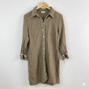 Antognini Italy Linen Lace Tunic Dress Taupe Brown Ribbon Cuff Shell Button FLAW